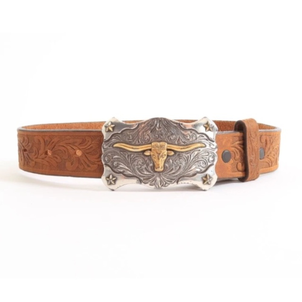 Vintage style Tony Lama USA Western long horn buckle tooled leather kids belt